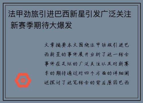 法甲劲旅引进巴西新星引发广泛关注 新赛季期待大爆发