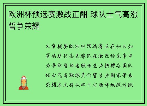 欧洲杯预选赛激战正酣 球队士气高涨誓争荣耀