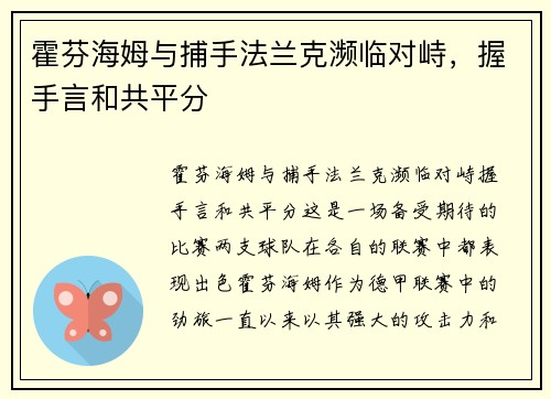 霍芬海姆与捕手法兰克濒临对峙，握手言和共平分