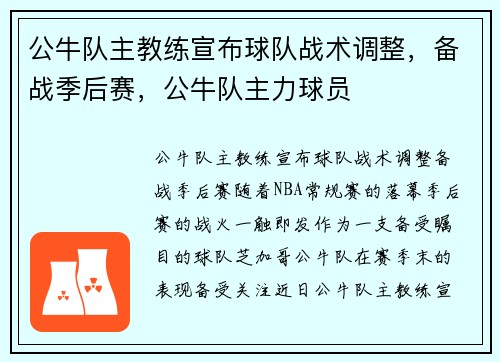 公牛队主教练宣布球队战术调整，备战季后赛，公牛队主力球员