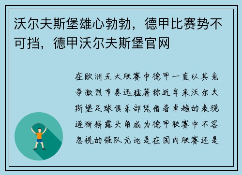 沃尔夫斯堡雄心勃勃，德甲比赛势不可挡，德甲沃尔夫斯堡官网