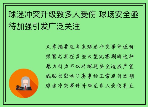 球迷冲突升级致多人受伤 球场安全亟待加强引发广泛关注