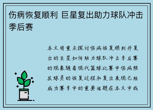 伤病恢复顺利 巨星复出助力球队冲击季后赛
